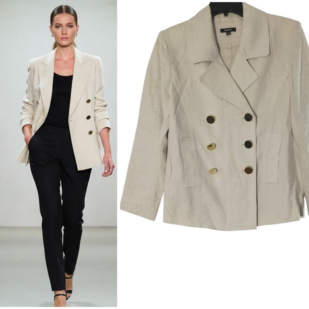 PREMISE Double Breasted Linen Blazer Size 8 Gold Button Neutral Chic